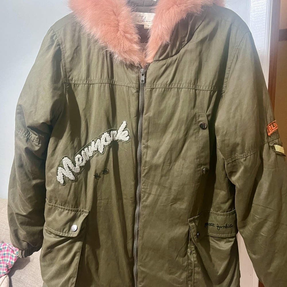 Vintage Havana Army Style Coat with Pink Faux Fur Trim Size‎ M - Picture 3 of 9